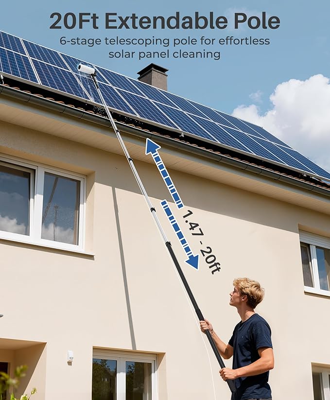 LyriFine Electric Solar Panel Cleaning Brush and Pole Kit 20Ft Extendable Washing Kit with Water Fed Pole 2 Speed &amp Soap Dispenser Outdoor Window Cleaning Tool for Solar Panel Window Roof RV