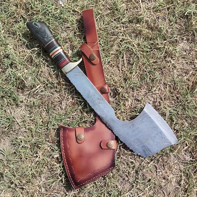 Custom Handmade Viking Hatchet Axe 216+ Layers Damascus Steel Bearded - Camping - Battle - Tomahawk Axes with Leather Sheath