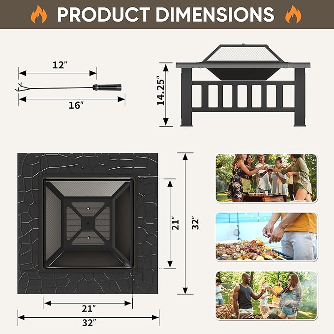Greesum Multifunctional Patio Fire Pit Table 32in Square Metal BBQ Firepit Stove Backyard Garden Fireplace with Spark Screen Lid and Rain Cover for Camping Outdoor Heating Bonfire Dark Black