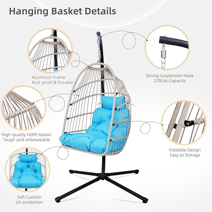 Foldable Hanging Egg Chair with Stand HDPE Rattan and Heavy Duty Aluminum-Steel Frame Outdoor Patio Wicker Swing Egg Chair with Headrest and Cushioned 350 Lbs Capacity (Blue)