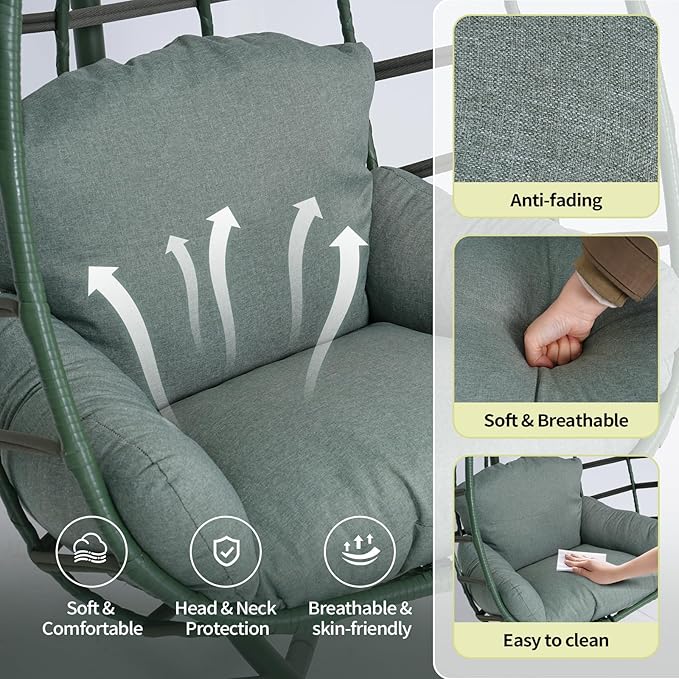 Hanging Egg Chair with Stand Outdoor Indoor Patio Rattan Swing Hammock Chairs with Washable Cushion 350lbs Capacity PE Wicker Swing Chair for Backyard Bedroom Garden (Dark Green + Dark Green Cushion)