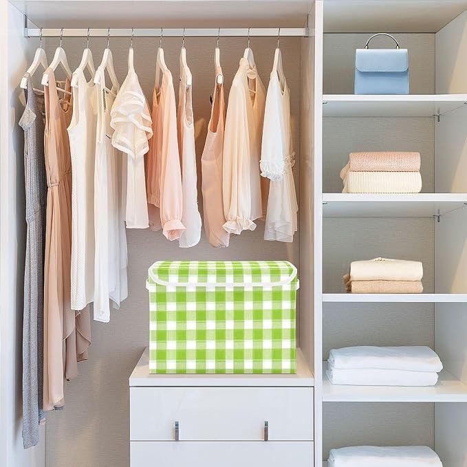 Spring Green Gingham Checker Storage Box with Lid 1 PC Foldable Storage Bin with Lids Stackable Storage Bins Cube Closet Organizer Basket with Flip-Top Lid &amp Handles for Shoes Books Towels