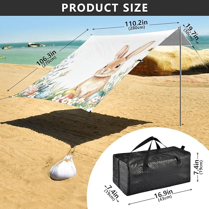 ALAZA Happy Easter Rabbit Easter Eggs Spring Flowers Beach Tent Sun Shelter Portable Canopy Sunshade for Outdoor Camping Picnics Backyard Fun 10x9 ft