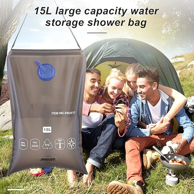 Outdoor Foldable Shower Bag Portable 15L with Shower Nozzle for Camping Beach Swimming