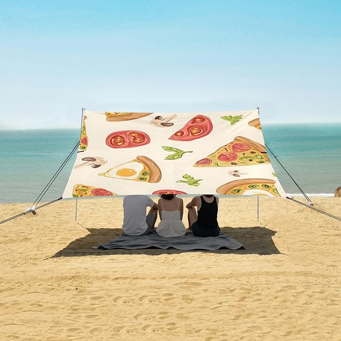 ALAZA Pizza Mushroom Tomato Egg Pattern Beach Tent Sun Shelter Portable Canopy Sunshade for Outdoor Camping Picnics Backyard Fun 10x9 ft