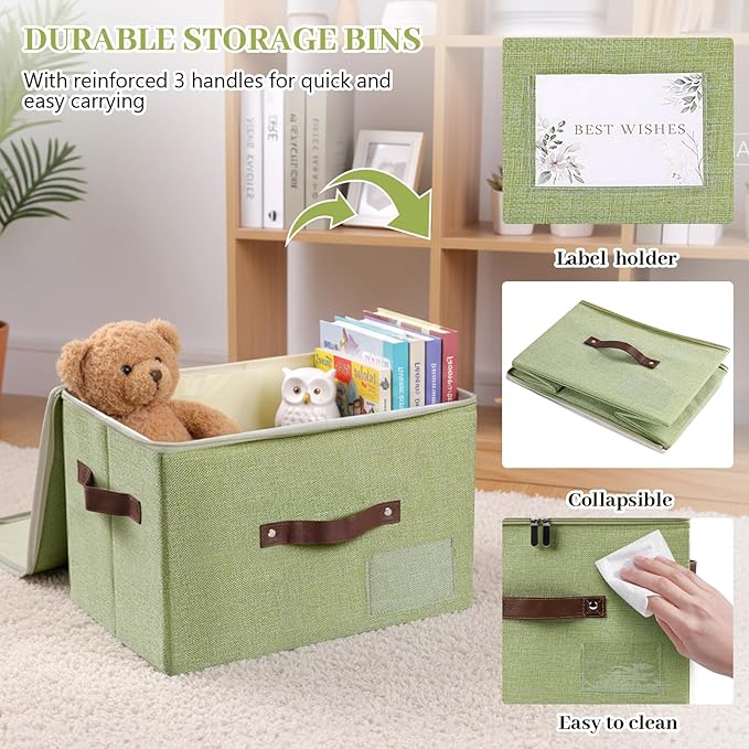 Lucky Monet 3PCS Storage Bins with Zipper Lids 15x10x10 Foldable Lidded Fabric Storage Boxes Baskets Cotton Linen Closet Shelf Clothes Organizer with Handles &amp Label Pocket (Green Large)