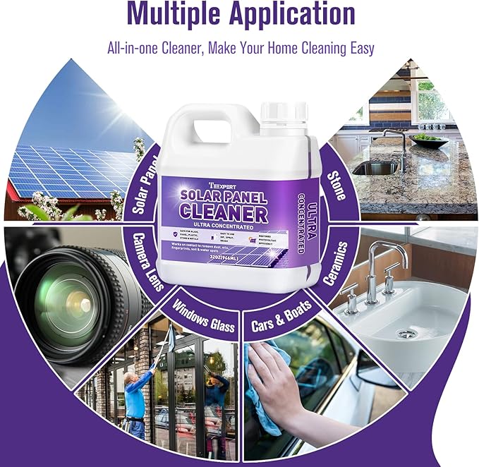 Teexpert Solar Panel Cleaner (32oz Makes 150 Gallons) Ultra Concentrated Glass &amp Solar Panel Cleaning Pro Quick Dry Streak-Free Remove Dirt Dust Droppings Fingerprints Oils &amp Water Spots