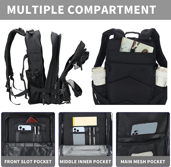 45L/25L/9L Tactical Backpack for Men and Women Military Heavy Duty Molle Backpack Army Assault Pack Travel Camping Gym Work Rucksack Daypack (Black Large 45L)