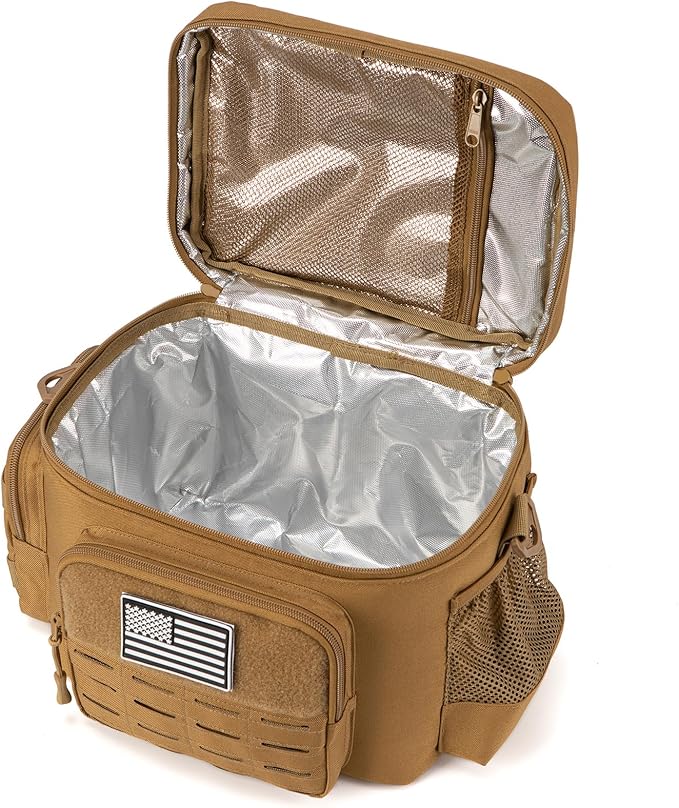 QT&ampQY Tactical Lunch Bag for mens Military heavy duty lunch box work Leakproof insulated Durable Thermal Cooler Bag for Adult Meal for Office Camping Picnic Pail MOLLE Webbing Khaki