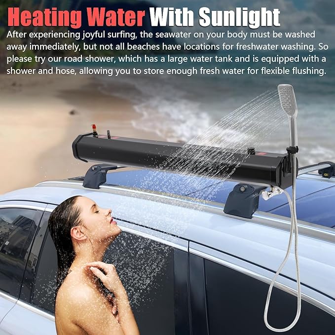 Outdoor Roof Rack Shower Tank | Sun-Heated Pressurized Water Tank |No Pump Needed | Lightweight PVC+ABS | Suitable for Camping Off-Road &amp Car Washing