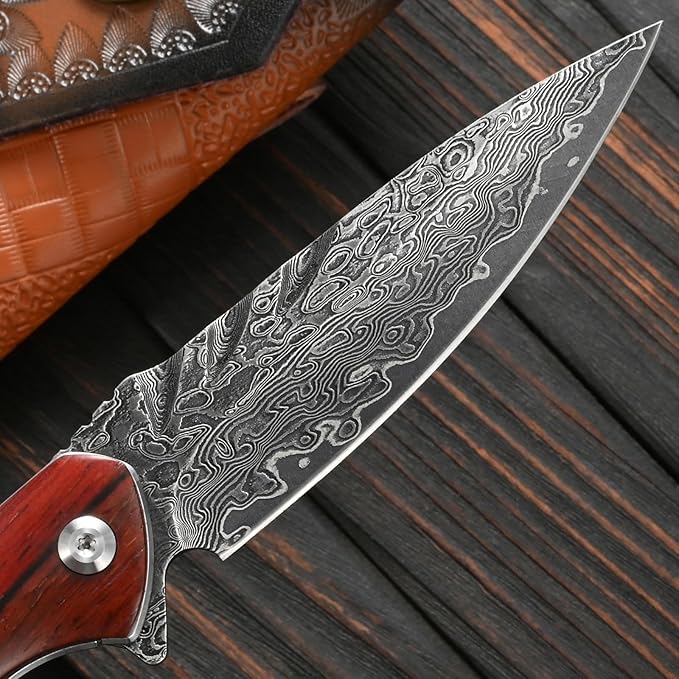 Sitivien ST242 Damascus Steel Folding KnifeFlipper Liner Lock Knife with Damascus VG10 Core BladeDalbergia Handle for Everyday Carry Hunting and Outdoor