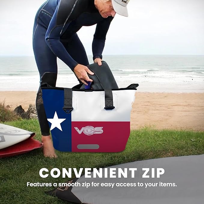 VOS Waterproof Premium Texas Dry Bag – All-purpose Tote Bag with Zip Pocket (Red Blue White) - Keep Your Gear &amp Personal Items Dry During Hiking Camping and Water Sports