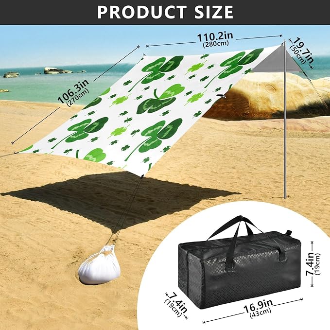 Beach Canopy with Windproof Ropes &amp Sandbags Beach Tent Sun Shade Sun Shelter for Camping Trips Fishing Backyard Fun or Picnics St. Patrick's Day Clover