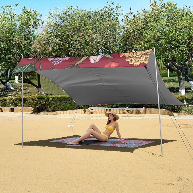 Spring Flower on Red Beach Tent &amp Canopy UPF50 Lightweight Portable Sun Shelter Includes Sand Shovel Sandbags Stability Poles for Camping Fishing Backyard Fun