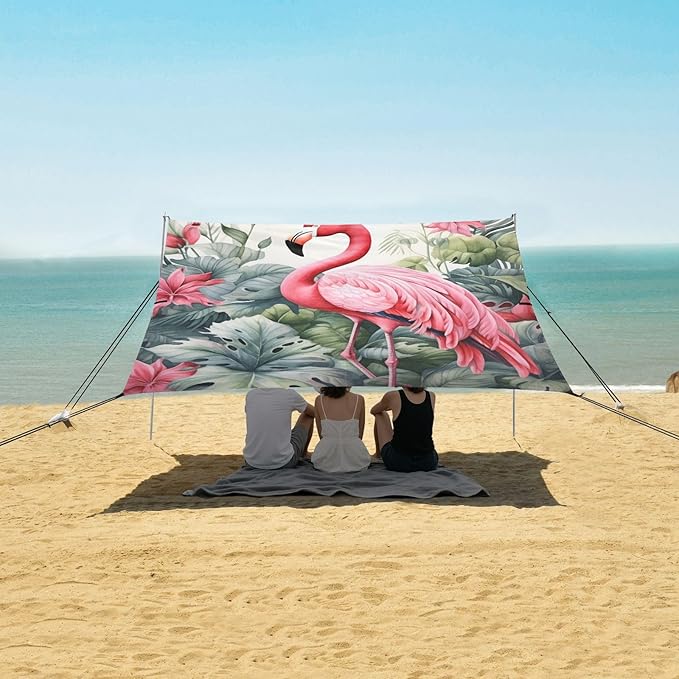 ALAZA Flamingo and Leaves Beach Tent Sun Shelter Portable Canopy Sunshade for Outdoor Camping Picnics Backyard Fun 10x9 ft