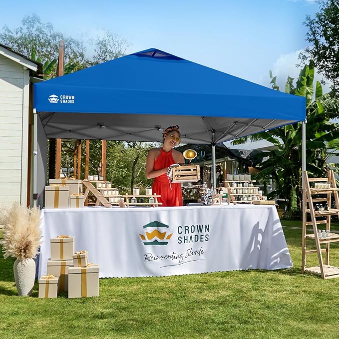 CROWN SHADES 10x10 Pop Up Canopy with 1 Side Wall - Beach Tent with One Push Setup - Outdoor Sun Shade for Events Parties Camping - Gazebo with STO-N-Go Cover Bag (Blue)