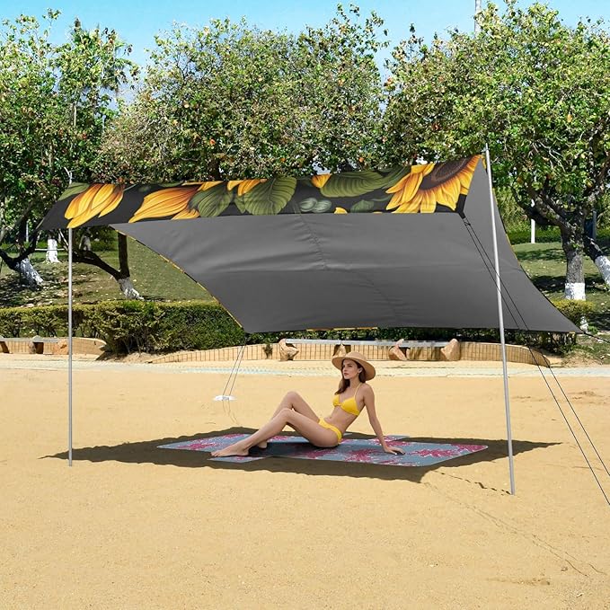 ALAZA Sunflowers on A Black Beach Tent Sun Shelter Portable Canopy Sunshade for Outdoor Camping Picnics Backyard Fun 10x9 ft
