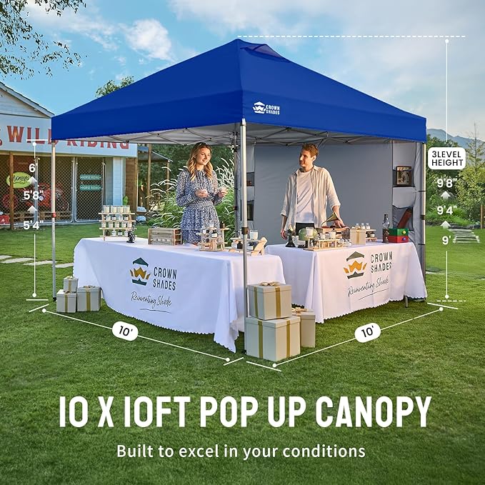 CROWN SHADES Canopy Tent 10 x 10 Foot Portable Pop Up Outdoor Shelter with Pocket Sidewall Push Center Lock UV Protection and Carry Bag Navy Blue