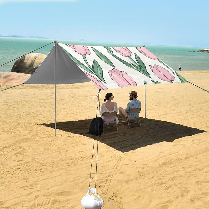 ALAZA Cute Doodle Pink Tulips Romantic Beach Tent Sun Shelter Portable Canopy Sunshade for Outdoor Camping Picnics Backyard Fun 10x9 ft