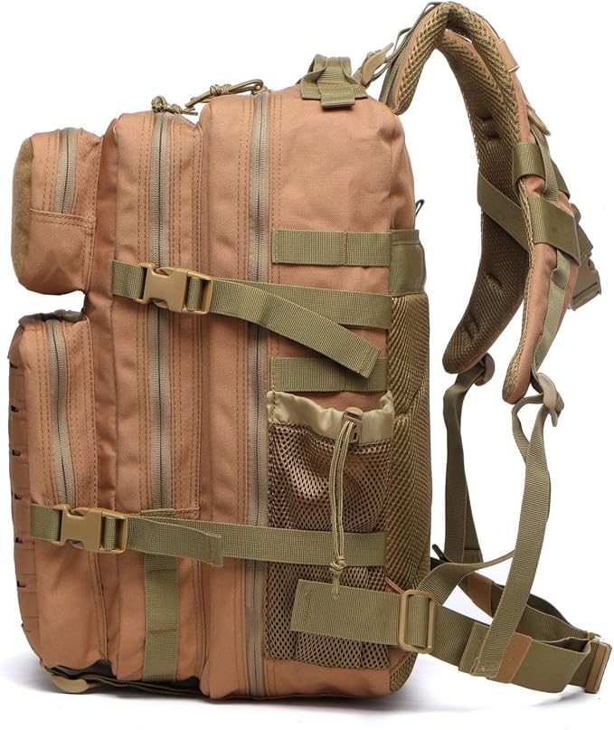 50L Tactical Military Backpack Waterproof Sturdy Bag for Hiking Camping Fishing Gym Backpack with Bottle Holder (Khaki)