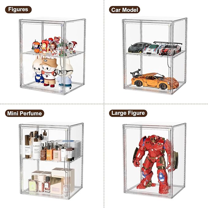 Acrylic Clear Display Case Stackable Plastic Storage Bins with Shelf Figure Figurine Hobby Display Case with Magnetic Lid Large Acrylic Display Box for Collectibles Figures 2 Pack