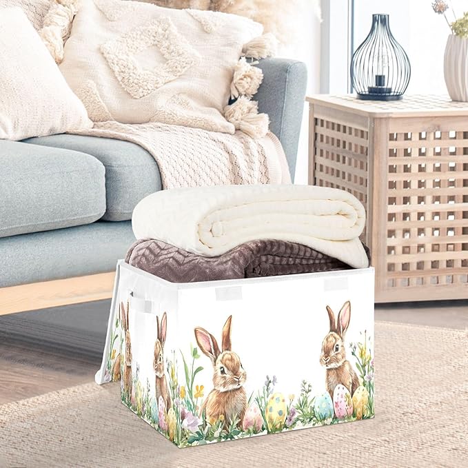 Christmas Storage Baskets with Lids Cute Bunnies Easter Eggs Collapsible Bins Stackable Fabric Linen Baskets Closet Organizer Container 16.5x12.6x11.8