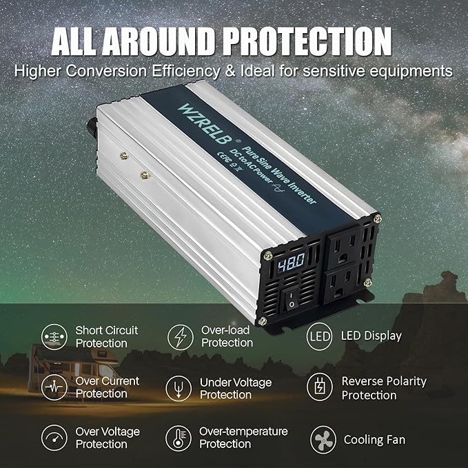 WZRELB 500W Pure Sine Wave Inverter 48V DC to 110V 120V AC Power Converter with LED Display Off-Grid Portable Power Inverter with 2 AC Outlets for Home RV Truck Camping