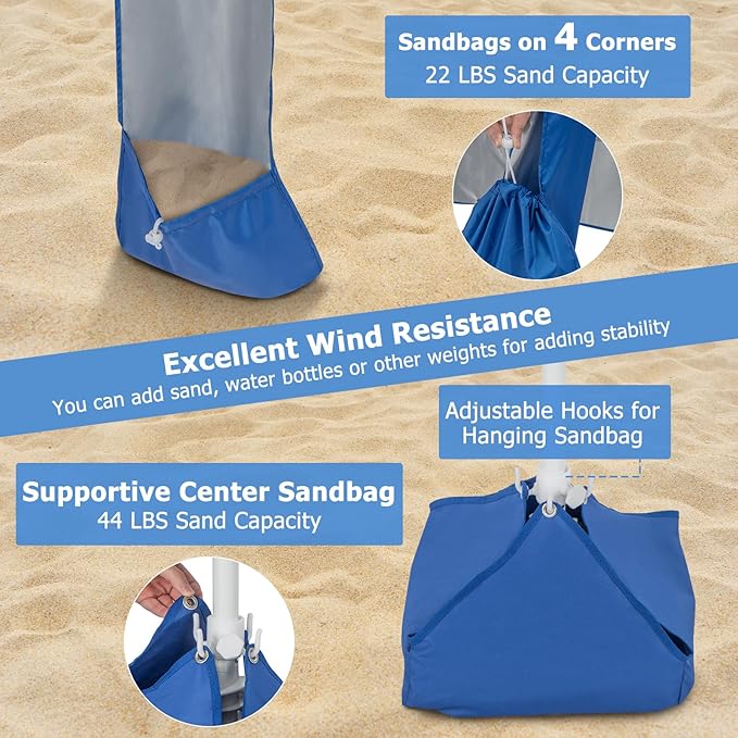 KOTEK 6.6'x6.6' Beach Cabana Portable Beach Shade Canopy with Sand Anchor Cup Holders &amp Sandbags Included Detachable Side Wall &amp Carrying Bag UPF 50+ Protection Easy Setup Beach Tent for