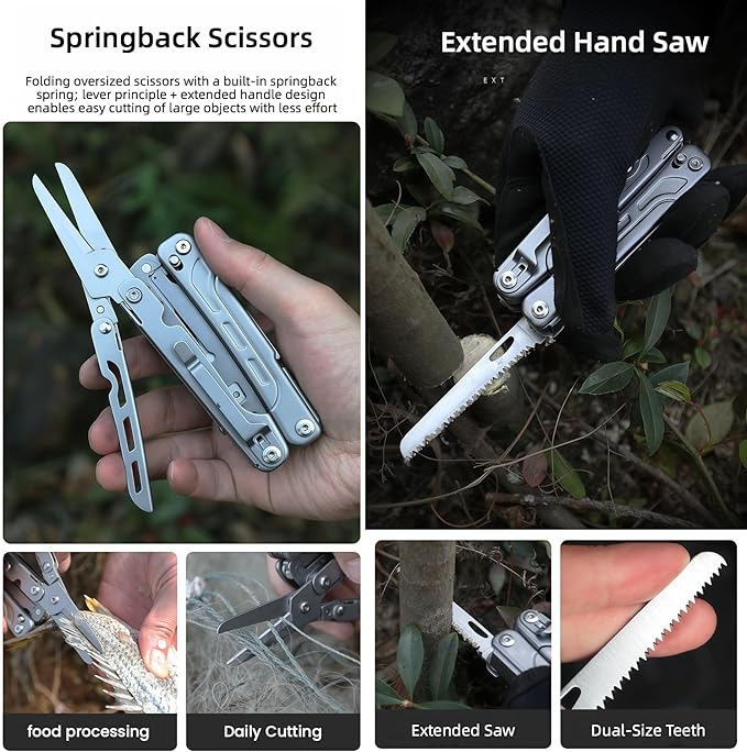 Multitools 20-in-1 Full-Size Lightweight EDC Multi-Purpose PliersWith Safety Locking Knife Tactical Gear Tools Men Gift Ideas Equipment for Emergencies Hiking and Outdoor Camping (Silver)