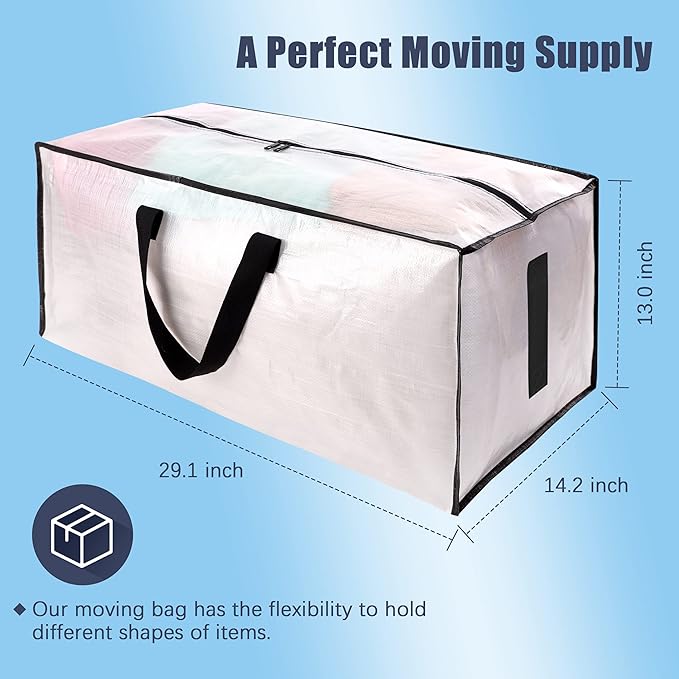 HOMESURE 8 Pack Large Strong Moving Bags with Zippers &amp Carrying Handles - Water-Resistant - Heavy Duty Storage Tote for Space Saving Fold Flat Alternative to Moving Box (Semi-Transparent)