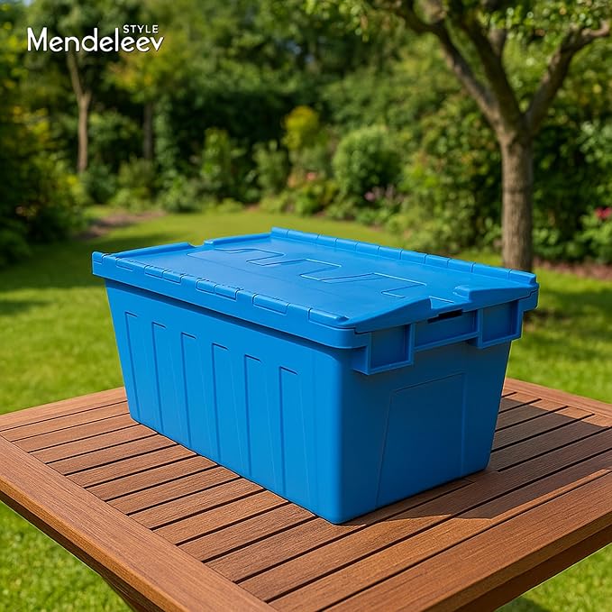 6 PCS 16.5 Gallon Industrial Distribution Tote with Hinged Attached Lid – Stackable &amp Nestable Reusable Heavy-Duty Transport Container for Warehouse Logistics and Moving Use