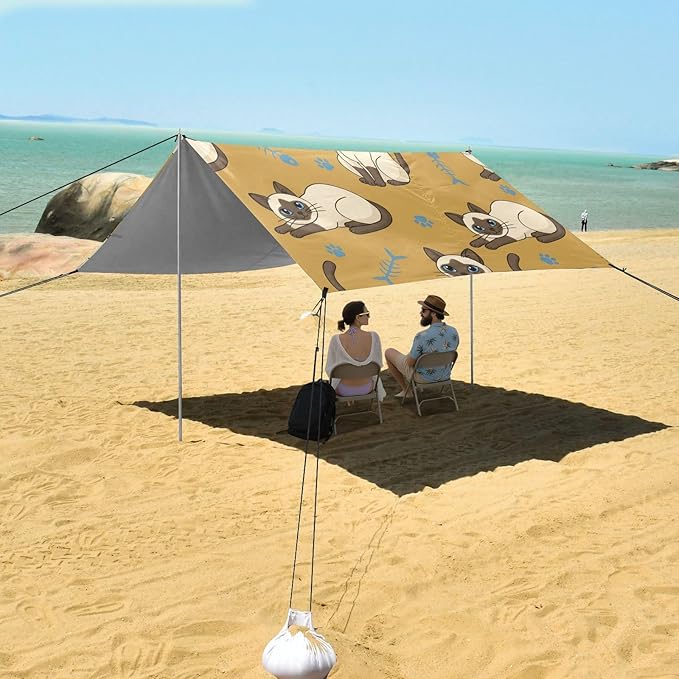 Beach Canopy with Windproof Ropes &amp Sandbags Beach Tent Sun Shade Sun Shelter for Camping Trips Fishing Backyard Fun or Picnics Cat