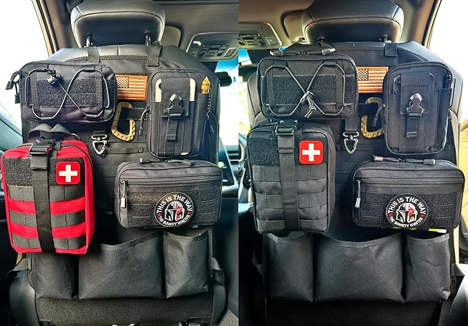 Molle Seat Back Organizer Tactical Car Seat Cover Organizer Panel with Pouches Molle Universal Vehicle Panel (Black)