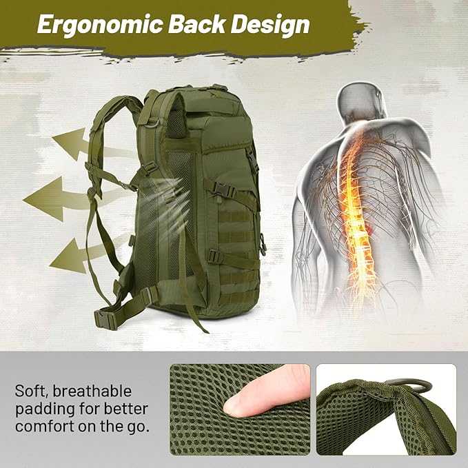 50L Tactical Backpack for Men and Women Water-Resistant Molle Rucksack Large Military Assault Pack for Hiking Hunting Camping Gym &amp Outdoor Survival Green