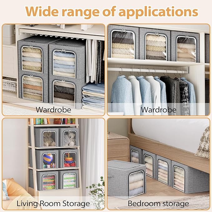 8 Pack Clothes Storage Bins with Metal Frame Foldable Clothing Storage Bins with Lids 49L Stackable Storage Box for Closet Fabric Organizer with Clear Window for Sweaters T-Shirts BeddingLight Grey