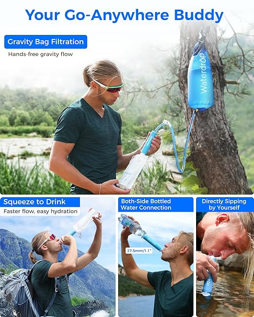 Waterdrop Gravity Water Filter Straw Camping Water Filtration System Water Purifier Survival for Travel Backpacking and Emergency Preparedness 1.5 gal Bag 5 Stage Filtration Pack of 1