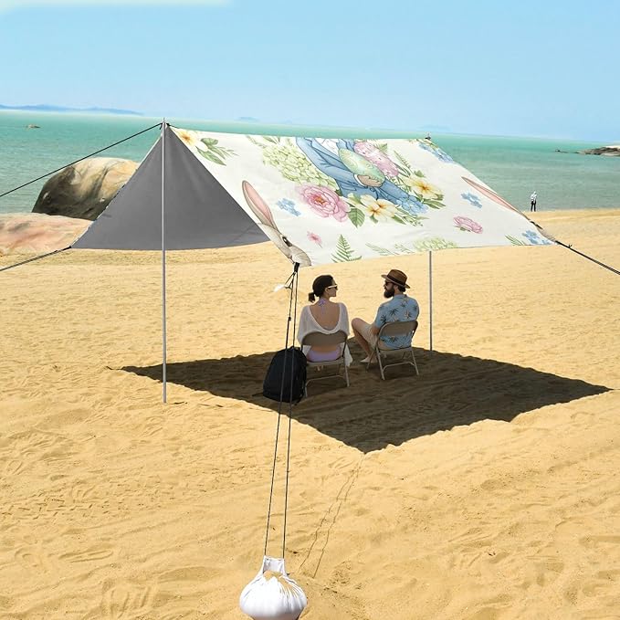 xigua Easter Bunny Beach Tent Sun Shelter with Carrying Bag - Silver Coated Oxford Fabric Beach Canopy for Beach Camping Fishing - Includes Windproof Ropes Sandbags &amp Stakes