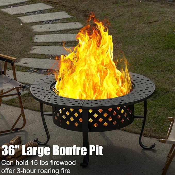Panovue 36 Inch Fire Pit with 2 BBQ Grills Wood Burning Fire Pits for Outside with Lid &amp Fire Poker BBQ&amp Outdoor Firepit &amp Round Metal Table 3 in 1 for Patio Picnic Party
