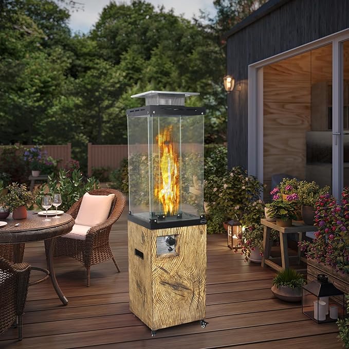 Afterglow Outdoor Patio Propane Fire Heater with Weather Cover Glass 41000 BTU Fireplace Patented &amp CSA Certificated Wood Grain Brown