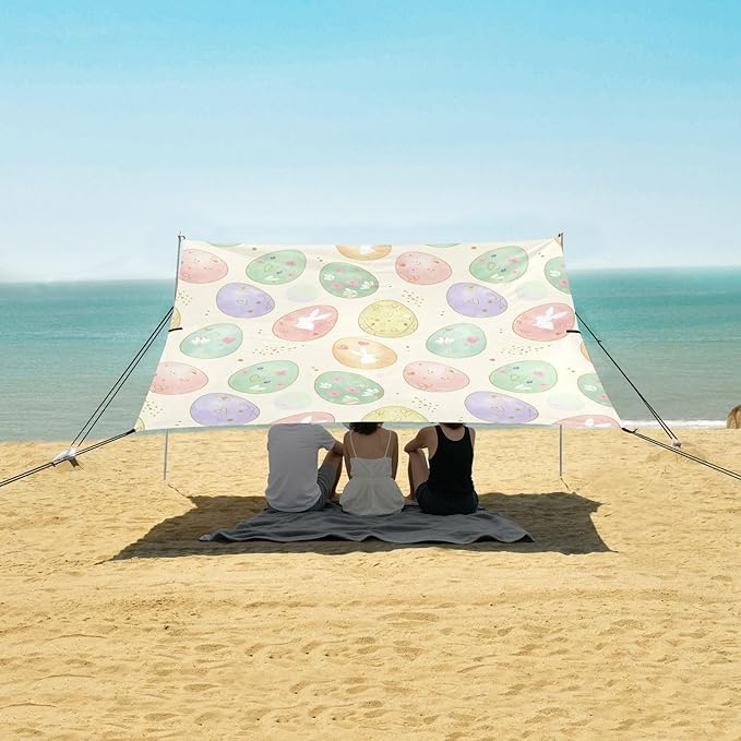 Beach Canopy with Windproof Ropes &amp Sandbags Beach Tent Sun Shade Sun Shelter for Camping Trips Fishing Backyard Fun or Picnics Easter Egg