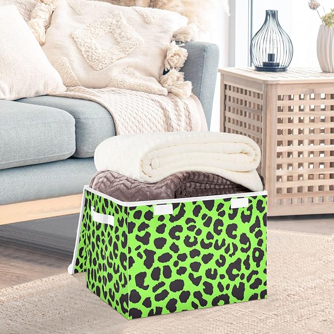 Storage Cube with Lid Green Leopard Camo Print 16.5×12.6×11.8 IN Collapsible Large Capacity Foldable Storage Basket Bin Organizer
