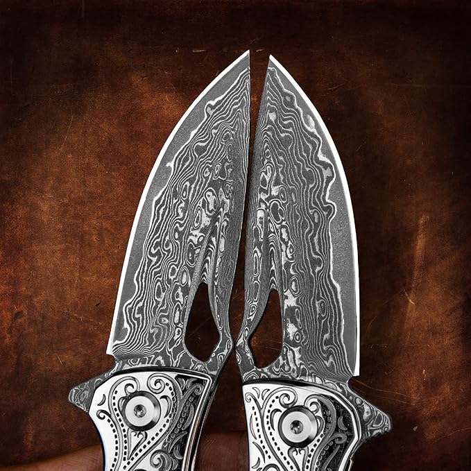 Handmade Damascus Steel Flipper Folding Knife with Pocket Clip Liner Lock Tactical Knife for Camping Hunting Fishing and EDC