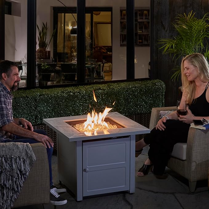 Endless Summer 30 Inch Square Outdoor Gas Fire Pit Table with Marble Mantel Slate Finish White Fire Glass and Protective Cover
