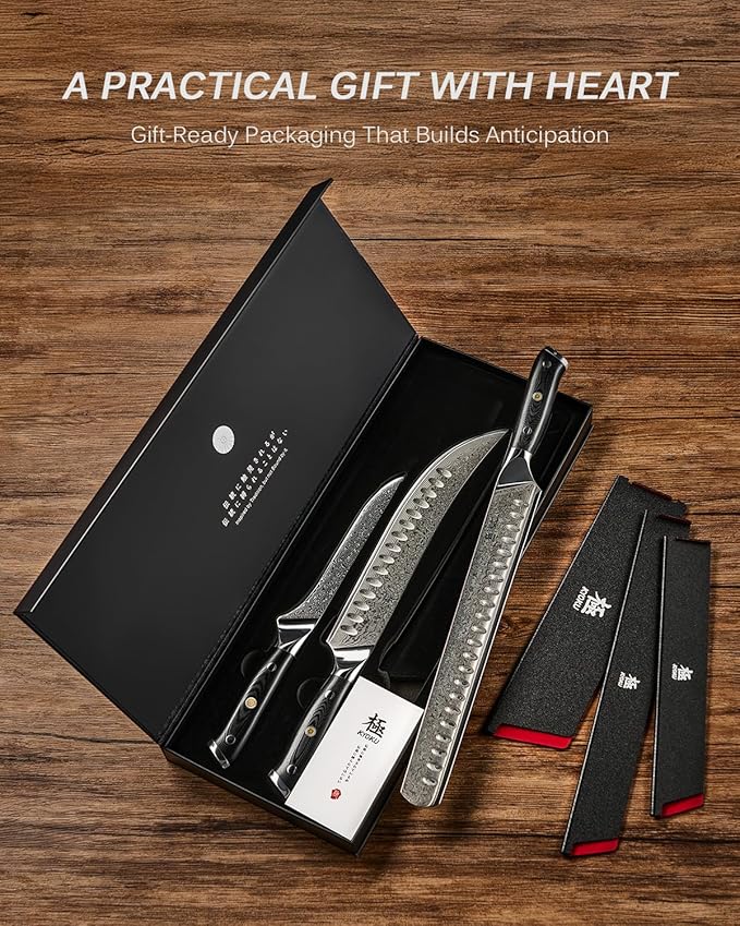 KYOKU Knife Set Shogun Gin Series 3pc Japanese Style Kitchen Knife Set for Cooking 7 Boning 12 Slicing 10 Scimitar Knife with Silver Ion Blade Sheath Gift Box Damascus Stainless Steel Knives