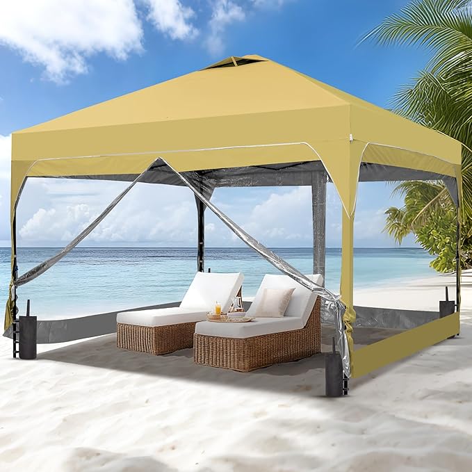 GDY 12x12 FT Pop Up Canopy Tent with One Push SetupSetup Gazebo with 4 PVC Transparent SidewallsEasy Carry for Events Parties Camping Khaki
