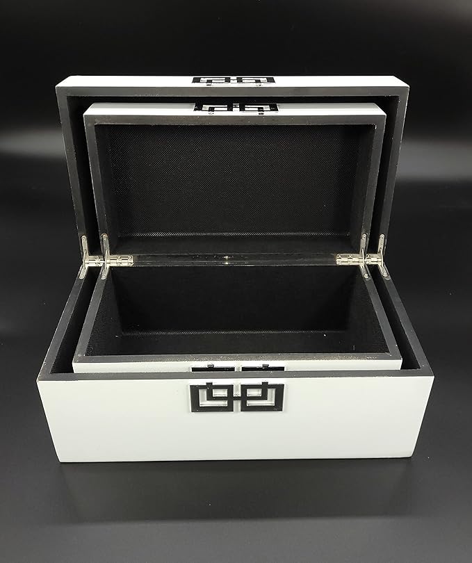 Galt International Storage Box Set Decorative Storage Box w/Hinged Lid Classic Design Wood Decor Boxes with Geometric Clasp Storage for Bedroom &amp Home - Set of 2 (White &amp Silver)