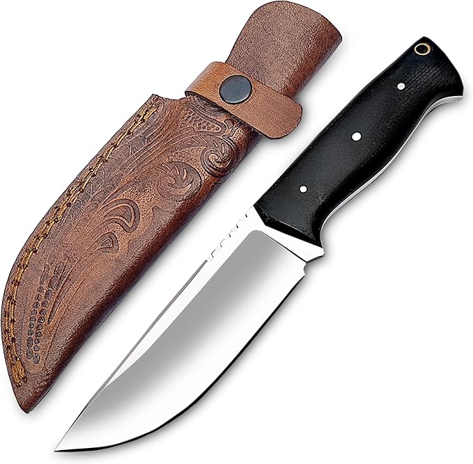 Handmade EDC Skinning Knife Fixed Blade Hand Forged Full Tang with Leather Sheath for Hunting Camping Hiking Fishing Bushcraft (10 inch Black Micarta)
