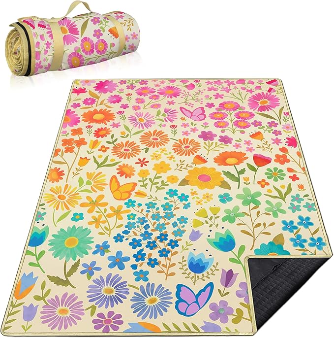 Floral Picnic Blankets Waterproof Foldable 60″X80″ Packable Picnic Mat Flowers Outdoor Blanket for Grass Large Beach Blanket Sandproof Picnic Accessories for Camping Music Festival Park Lawn Travel