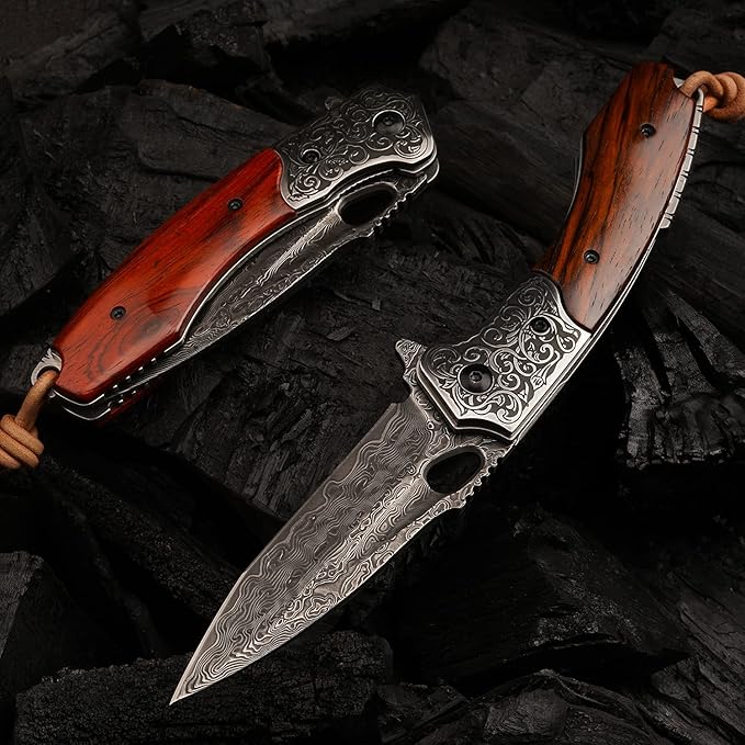 forging handmade vg10 damascus steel folding kniferosewood handle leather sheathedc pocket knives for men outdoors camping fishing