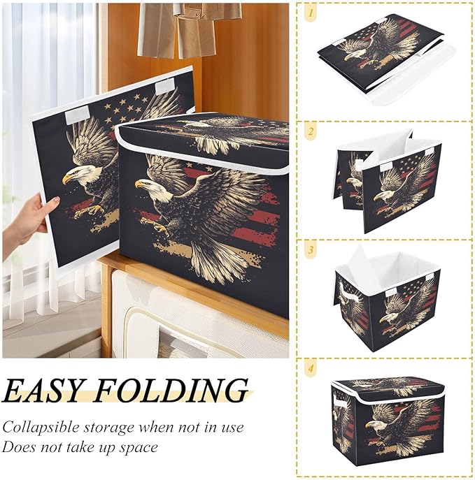 July 4th Bald Eagle Black Collapsible Storage Bins with Lids Decorative Fabric Cubes Closet Organizer Basket Boxes Containers for Clothes Box Chest Foldin
